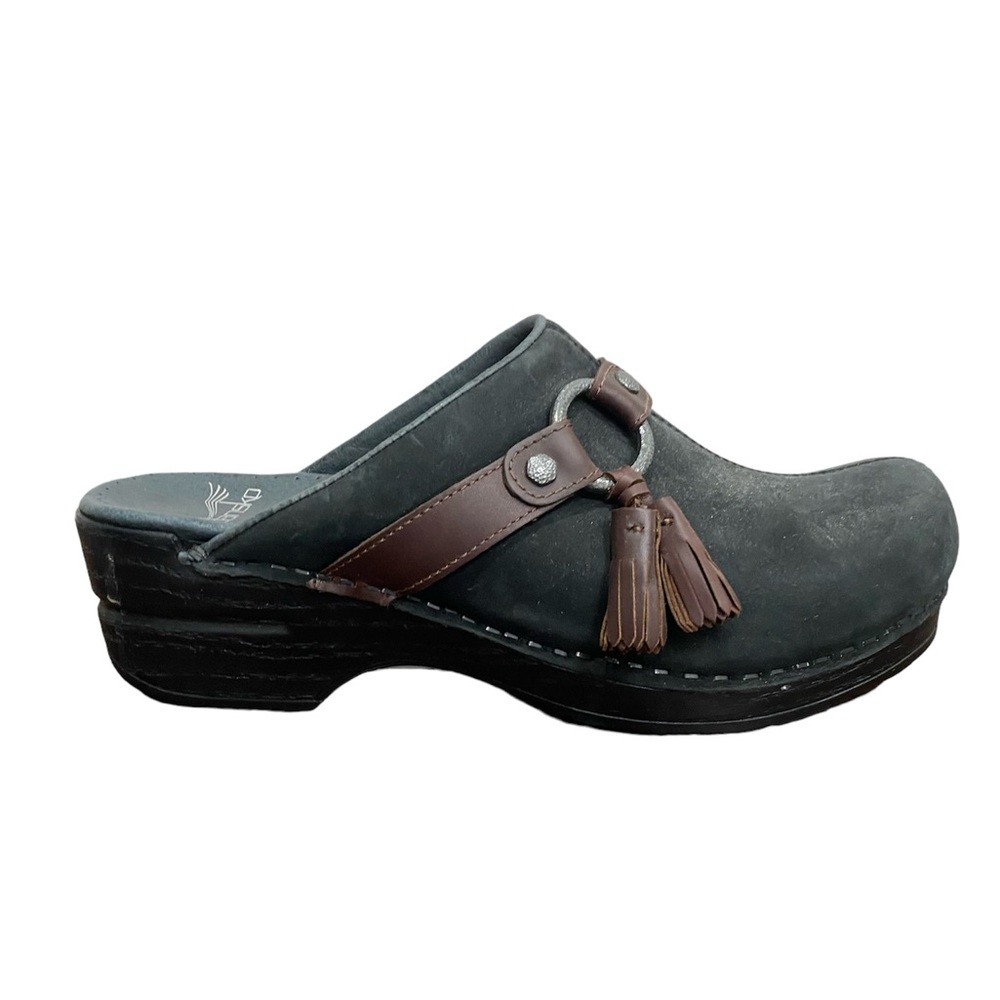 Dansko Black and Brown Mules with Tassel Detail
